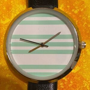 Stainless steel and Black faux leather Striped womens watch